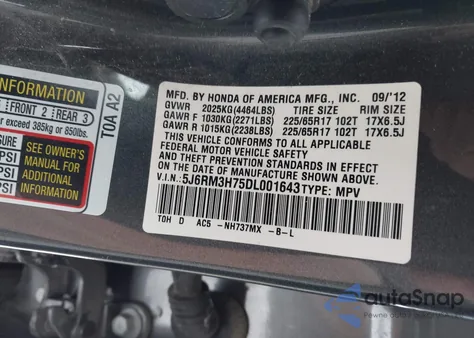 2013 Honda Cr-V Ex-L from USA, damaged, VIN 5J6RM3H75DL001643
